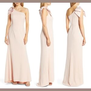 Eliza J One-Shoulder Satin Bow Blush Pink Evening Formal Dress Maxi Gown- 12